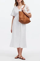 Madewell Cassie Openwork Detail Linen Button-Front Midi Dress Eyelet White at Nordstrom,