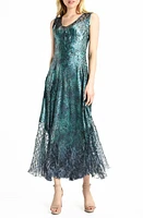 Komarov Lace-Up Back Charmeuse Dress in Teal Leopard Fade at Nordstrom, Size X-Large