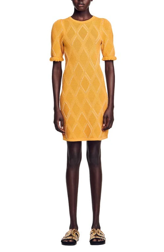 sandro Embellished Open Stitch Mini Sweater Dress in Ochre at Nordstrom, Size 0