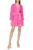 Milly Oakley Pleated Long Sleeve Tie Waist Dress in Neon Pink at Nordstrom, Size 0