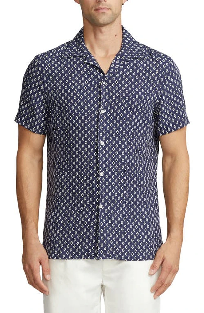 Ralph Lauren Purple Label Archer Diamond Print Linen & Silk Camp Shirt in Navy at Nordstrom, Size Small