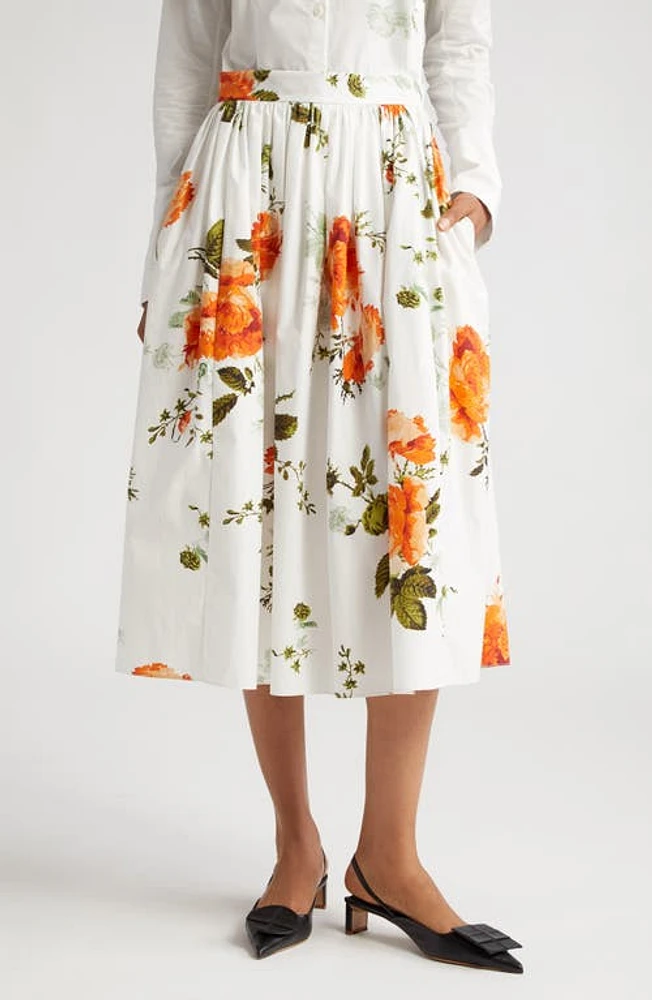 Erdem Floral Print Pleated Cotton Poplin A-Line Midi Skirt in White at Nordstrom, Size 6 Us