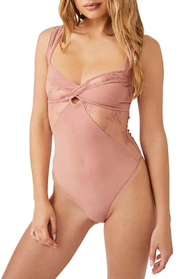 Free People Sheer Things Lace Trim Mesh Bodysuit in Smoke Rose at Nordstrom, Size X-Large