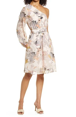 BTFL-life Embroidery Print One-Shoulder Chiffon Dress Natural at Nordstrom,