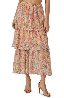 ASTR the Label Floral Tiered Plissé Maxi Skirt Green Orange Multi at Nordstrom,