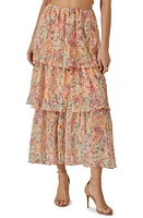 ASTR the Label Floral Tiered Plissé Maxi Skirt Green Orange Multi at Nordstrom,