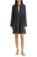 Vince Pleat Detail Long Sleeve Linen & Cotton Blend Trapeze Dress in Coastal Blue at Nordstrom, Size 12