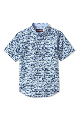 Johnston & Murphy Kids' Hidden Shark Print Short Sleeve Button-Down Shirt in Blue at Nordstrom, Size Xs