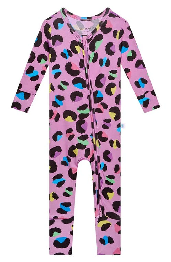 Posh Peanut Electric Leopard Fitted Convertible Footie Pajamas Open Purple at Nordstrom,