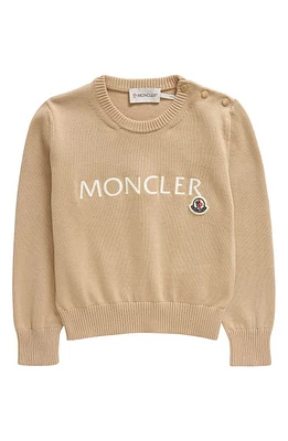 Moncler Kids' Embroidered Logo Cotton Crewneck Sweater Beige at Nordstrom,