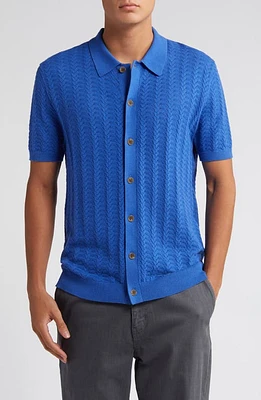 Wax London Tellaro Pointelle Short Sleeve Button-Up Sweater Royal Blue at Nordstrom,