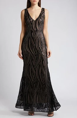 Morgan & Co. Sequin Swirl Mermaid Gown Black/Beige at Nordstrom,