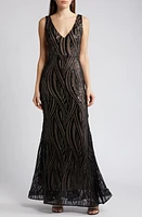 Morgan & Co. Sequin Swirl Mermaid Gown Black/Beige at Nordstrom,