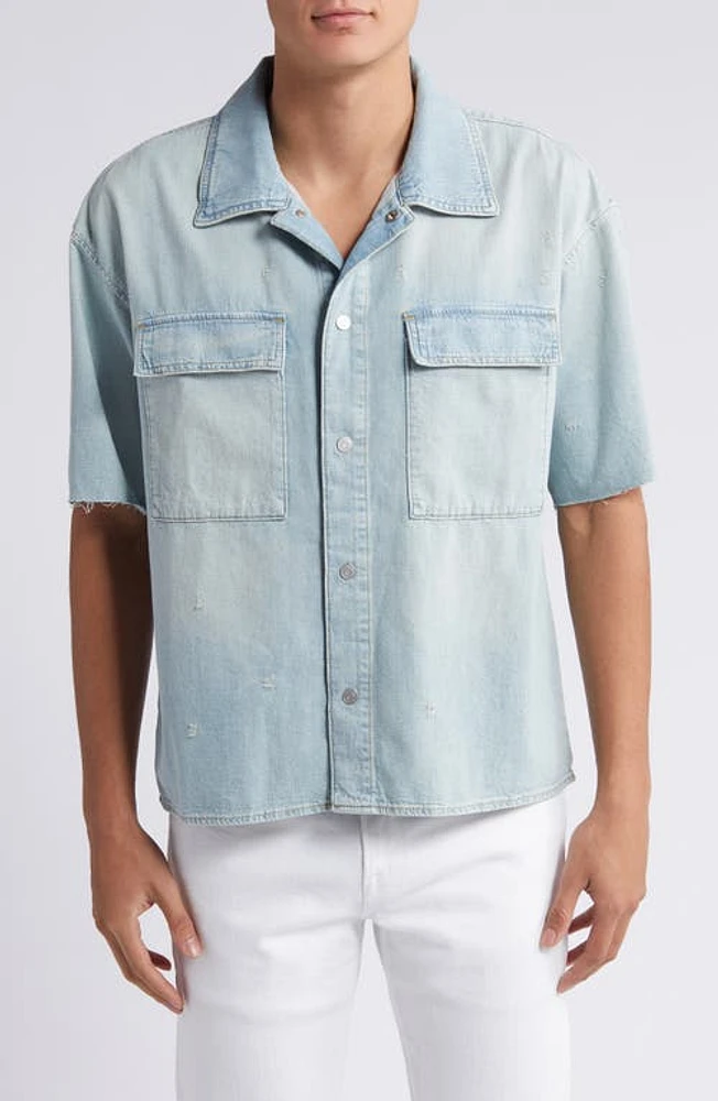 FRAME Distressed Denim Snap-Up Camp Shirt Oahu at Nordstrom,