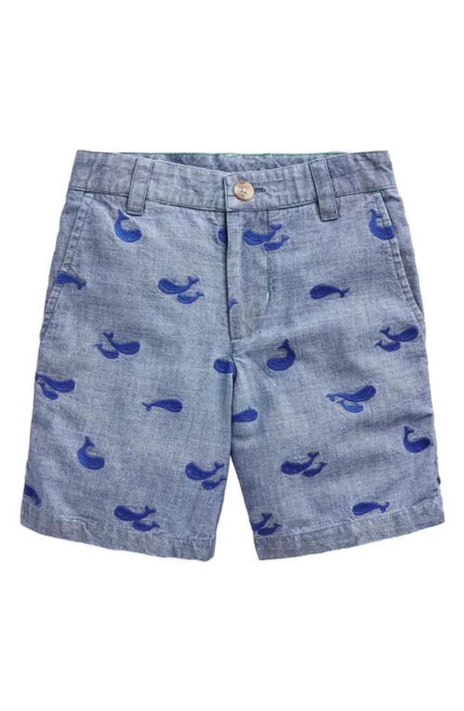 Mini Boden Kids' Whale Embroidered Cotton Chino Shorts Chambray Embroidery at Nordstrom,