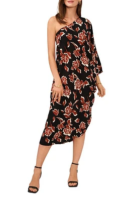 Vince Camuto Floral One-Shoulder Asymmetric Midi Dress Rich Black at Nordstrom,