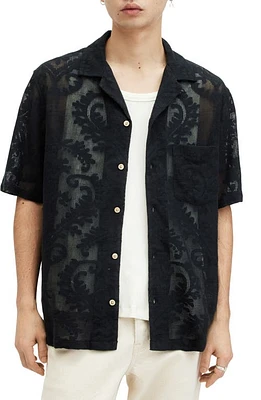 AllSaints Cerrito Relaxed Fit Lace Camp Shirt Jet Black at Nordstrom,