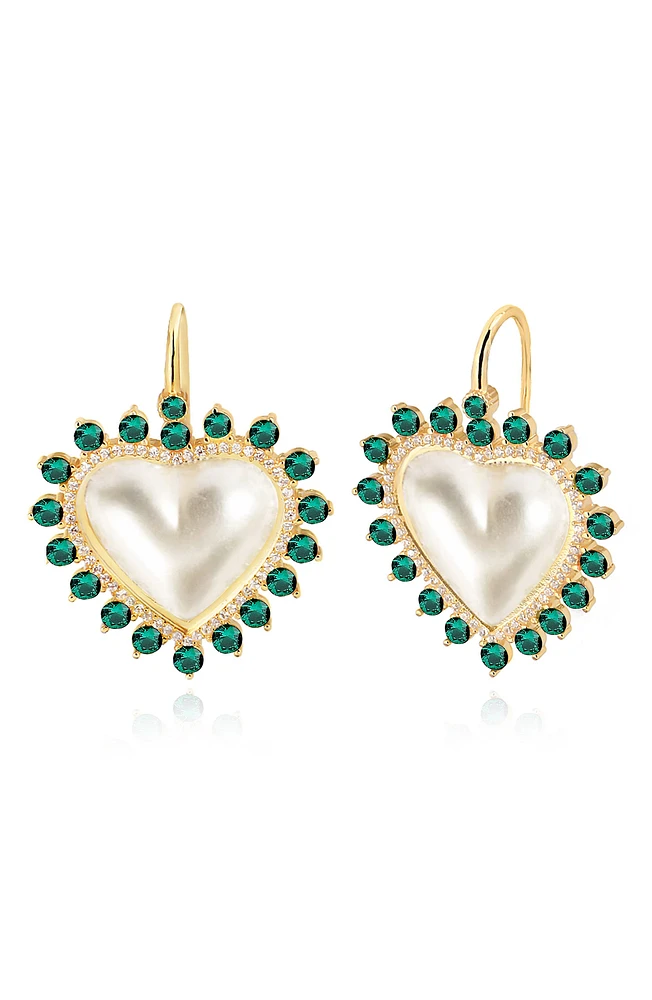 14K Gold Plated Sterling Silver CZ Halo Mother-of-Pearl Heart Drop Earrings