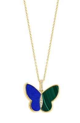Diamond, Lapis Lazuli & Malachite Butterfly Pendant Necklace