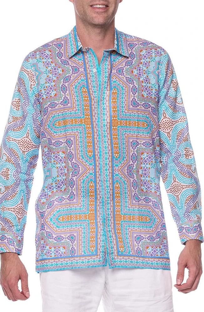 Geometric Print Linen & Cotton Blend Button-Up Shirt