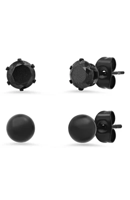 Black IP Stainless Steel Ball Stud & Simulated Diamond Stud Earrings Set