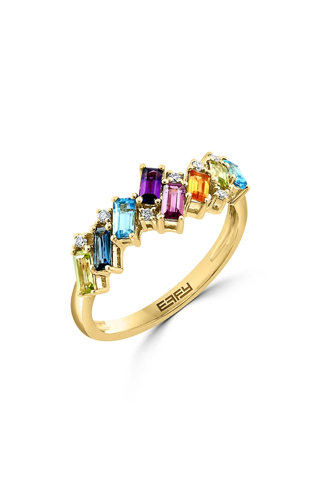 14K Yellow Gold Rainbow Stones & Diamond Ring