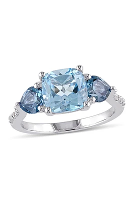 Sterling Silver Prong Set Cushion Cut Sky & London Blue Topaz Diamond Accented Floral Ring