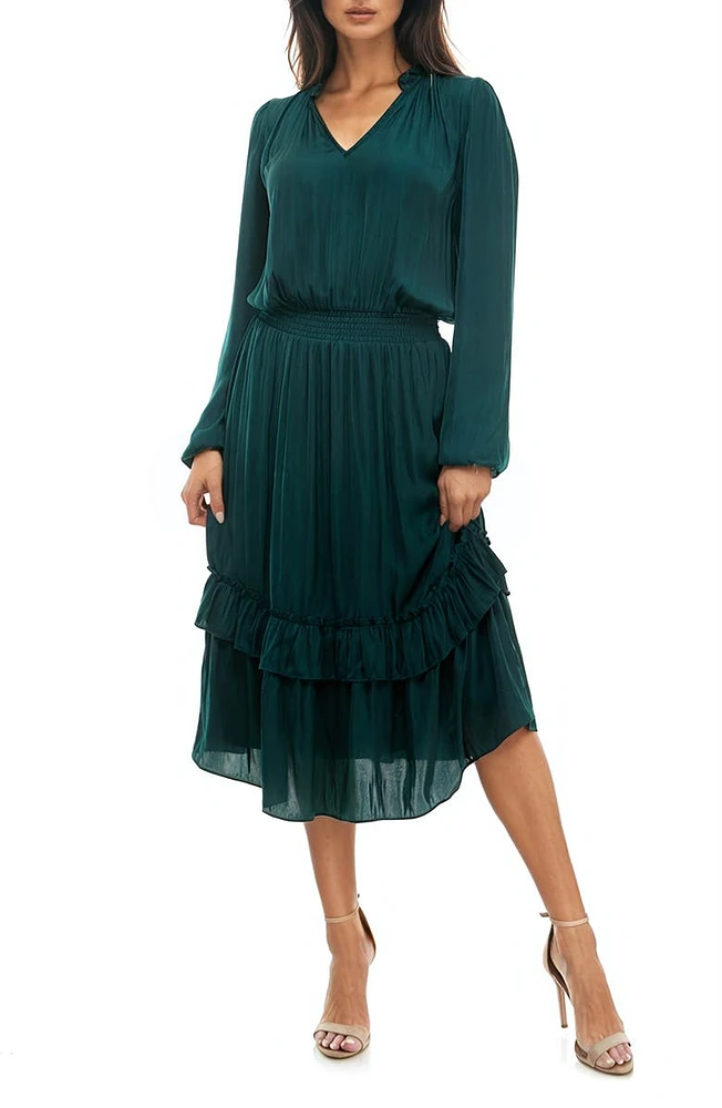 Tiered Long Sleeve Satin Dress