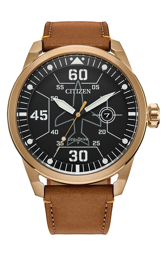 Avion Eco-Drive Leather Strap Watch, 45mm
