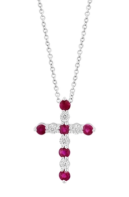 Sterling Silver Diamond & Ruby Cross Pendant Necklace
