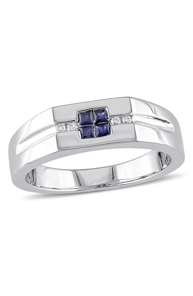 Men's Sterling Silver Blue Sapphire & Diamond Square Ring - 0.05 ctw.