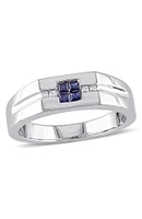 Men's Sterling Silver Blue Sapphire & Diamond Square Ring - 0.05 ctw.