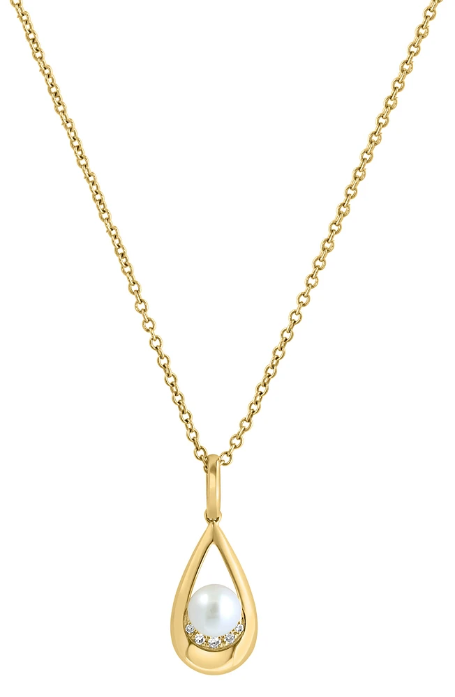 14K Yellow Gold 4.5mm Freshwater Pearl & Diamond Teardrop Pendant Necklace - 0.02ct.