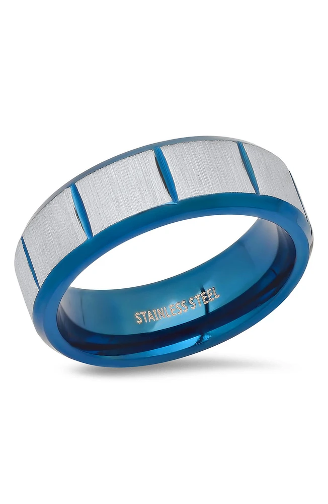 Men's Two-Tone Blue Ion Plated Stainless Steel Brushed Band Ring