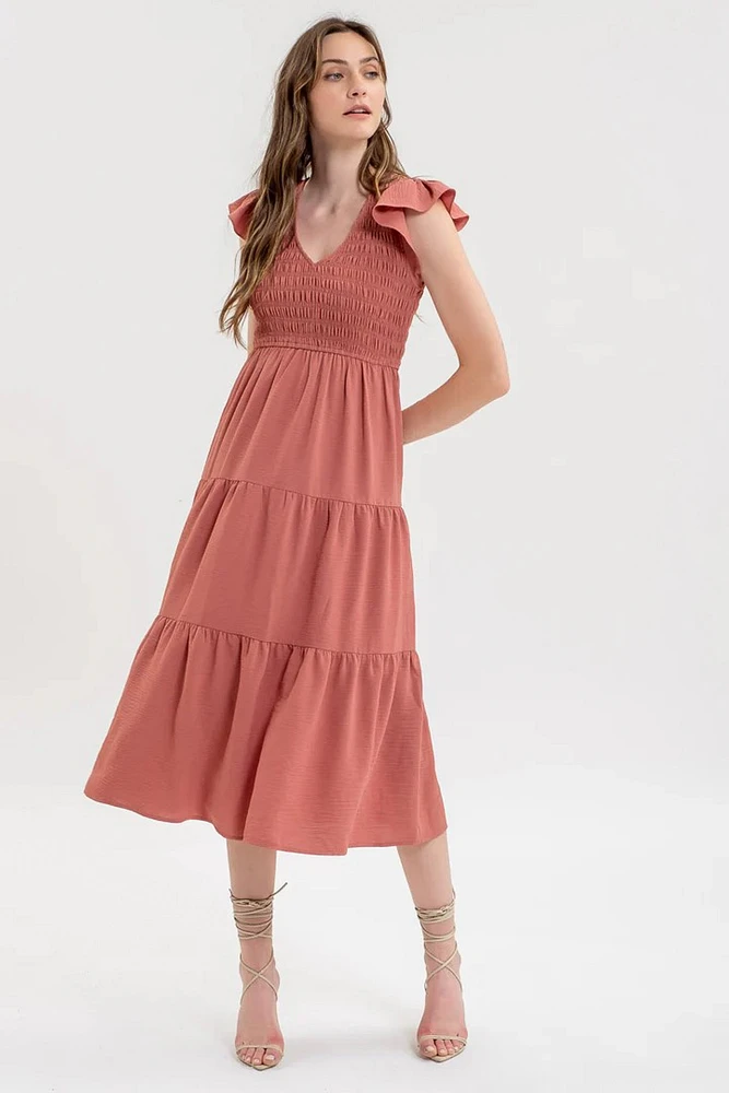 Delaney Tiered Flutter Sleeve Midi Dress