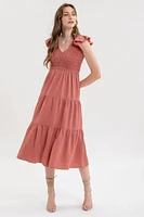 Delaney Tiered Flutter Sleeve Midi Dress