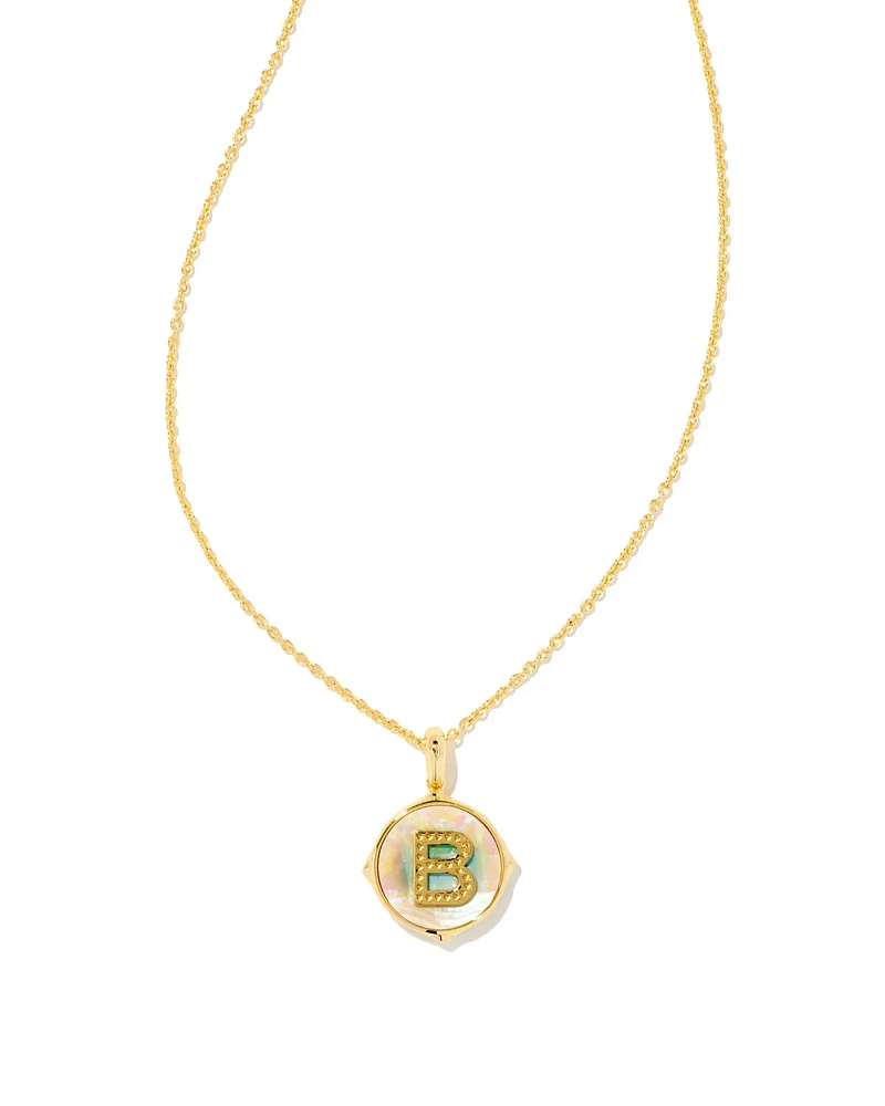 Letter B Disc Pendant Necklace Gold - Iridescent Abalone