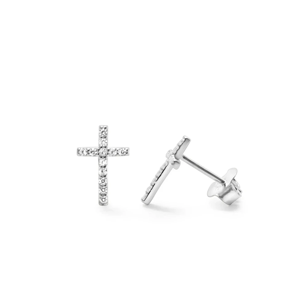 Pave Cross Stud - Silver Earrings