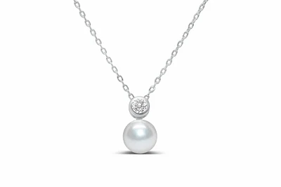 Pearl Bezel CZ - Silver Necklace
