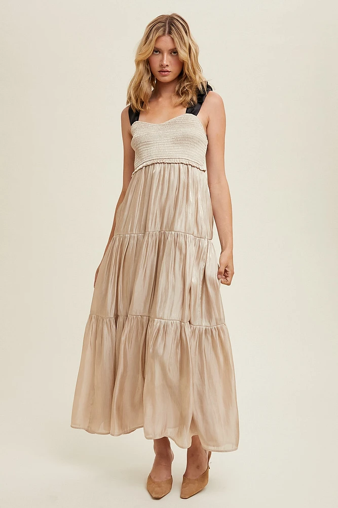 Tiered Satin Tie-Strap Maxi Dress