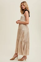 Tiered Satin Tie-Strap Maxi Dress