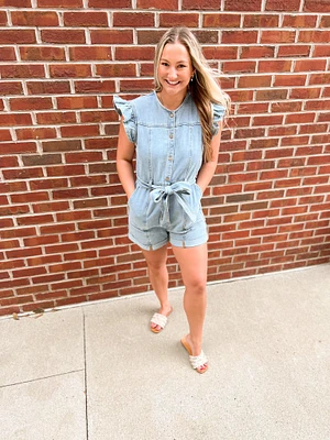 Denim Ruffle Sleeve Romper