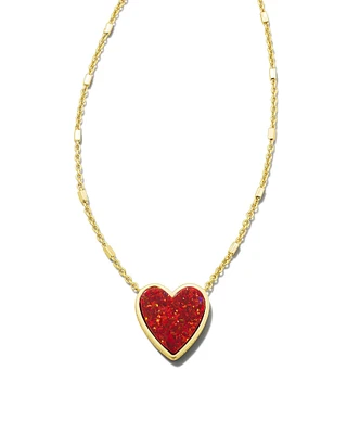 Heart Pendant Necklace In Gold - Red Kyocera Opal