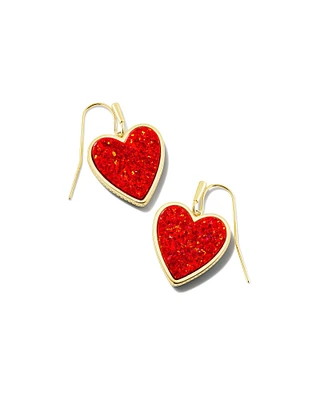 Heart Drop Earrings In Gold - Red Kyocera Opal