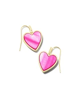 Heart Drop Earrings In Gold - Hot Pink Mother Of Pearl