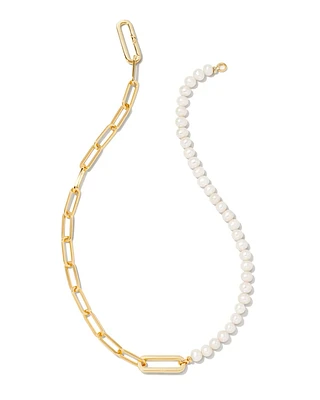 Ashton Half Chain Necklace In Gold - White Pearl