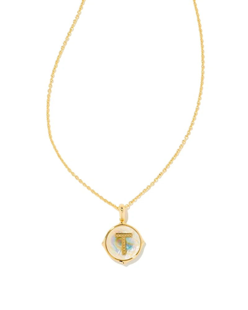 Letter T Disc Pendant Necklace Gold - Iridescent Abalone