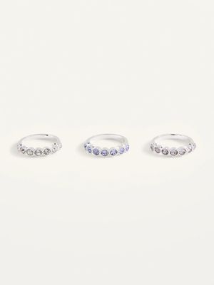 Silver-Toned Crystal-Stone Rings 3-Pack For Women