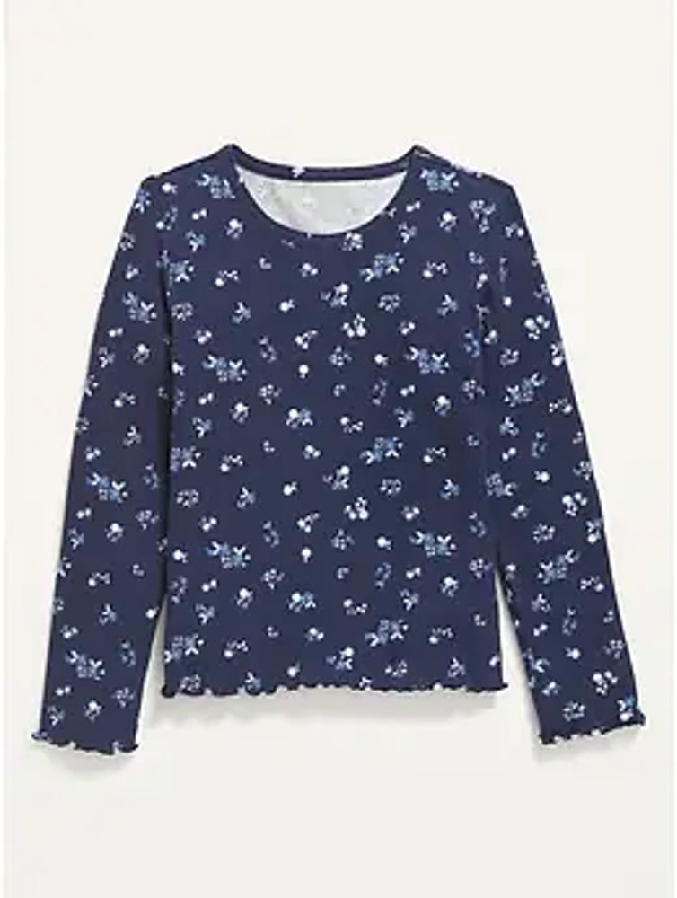Floral Rib-Knit Lettuce-Edge T-Shirt for Girls