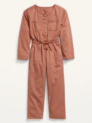 Long-Sleeve Twill Utility-Pocket Jumpsuit for Girls